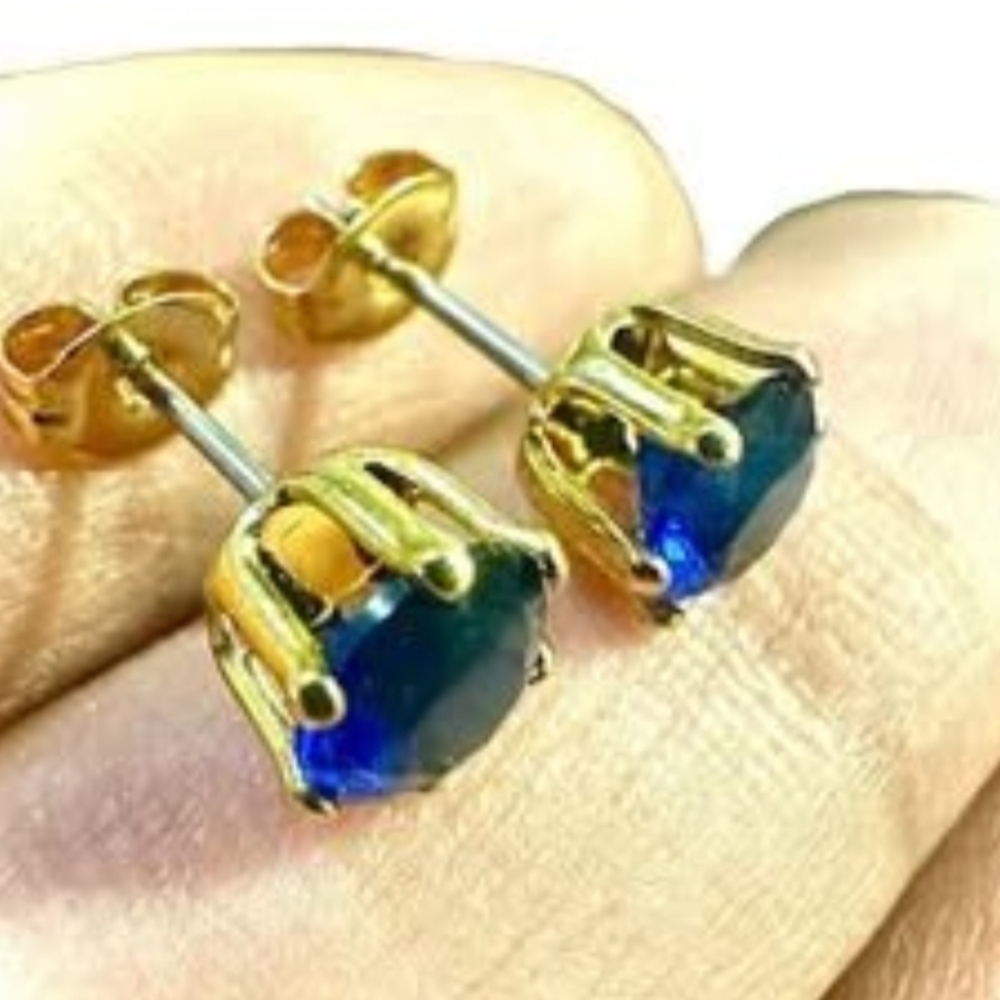 Sapphire Earrings Studs Gold Plated For Women, 6MM Cute Earrings, Minimalist